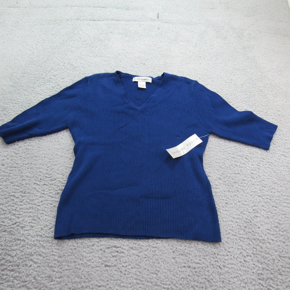 Linda Matthews‎ Womens Top Large Blue V Neck Ribbed Knit 3/4 Sleeve NEW